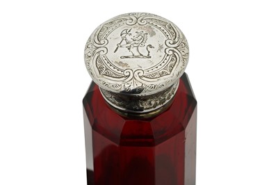 Lot 46 - A Victorian sterling silver gilt ruby glass double scent bottle, London 1866 by Sampson Mordan
