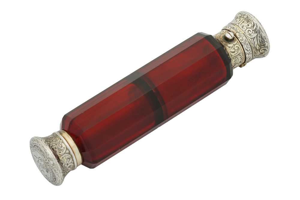 Lot 46 - A Victorian sterling silver gilt ruby glass double scent bottle, London 1866 by Sampson Mordan