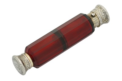 Lot 46 - A Victorian sterling silver gilt ruby glass double scent bottle, London 1866 by Sampson Mordan