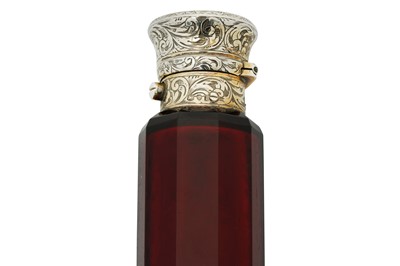 Lot 46 - A Victorian sterling silver gilt ruby glass double scent bottle, London 1866 by Sampson Mordan