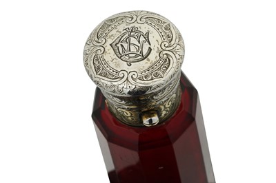 Lot 46 - A Victorian sterling silver gilt ruby glass double scent bottle, London 1866 by Sampson Mordan
