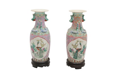 Lot 231 - A PAIR OF 19TH CENTURY CHINESE FAMILLE ROSE BALUSTER FORM VASES