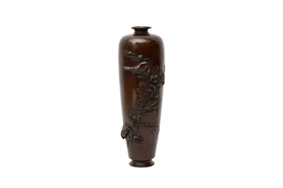 Lot 266 - A TALL JAPANESE BRONZE 'SPARROW AND CHRYSANTHEMUM' VASE