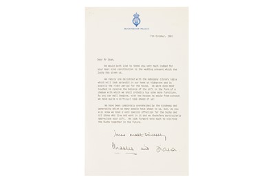 Lot 98 - TYPED LETTER SIGNED BY PRINCE CHARLES AND PRINCESS DIANA