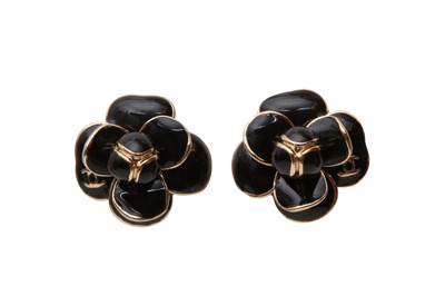 Lot 406 - Chanel Black Camellia CC Pierced Earrings