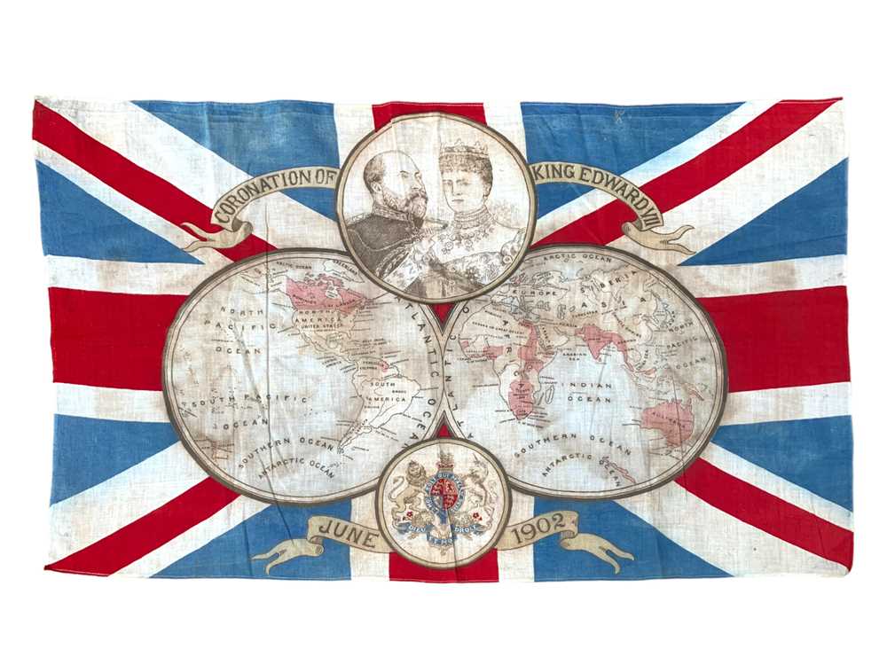 Lot 22 - SOUVENIR FLAG FOR THE CORONATION OF EDWARD VII WITH A MAP OF THE BRITISH EMPIRE