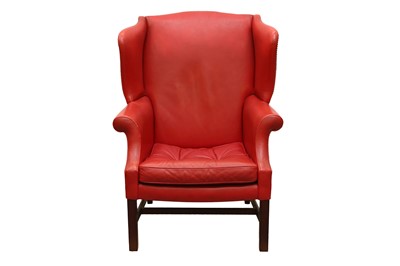 Lot 262 - A GEORGIAN-STYLE RED LEATHER WINGBACK ARMCHAIR