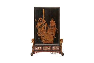 Lot 559 - A CHINESE LACQUERED WOOD TABLE SCREEN AND STAND