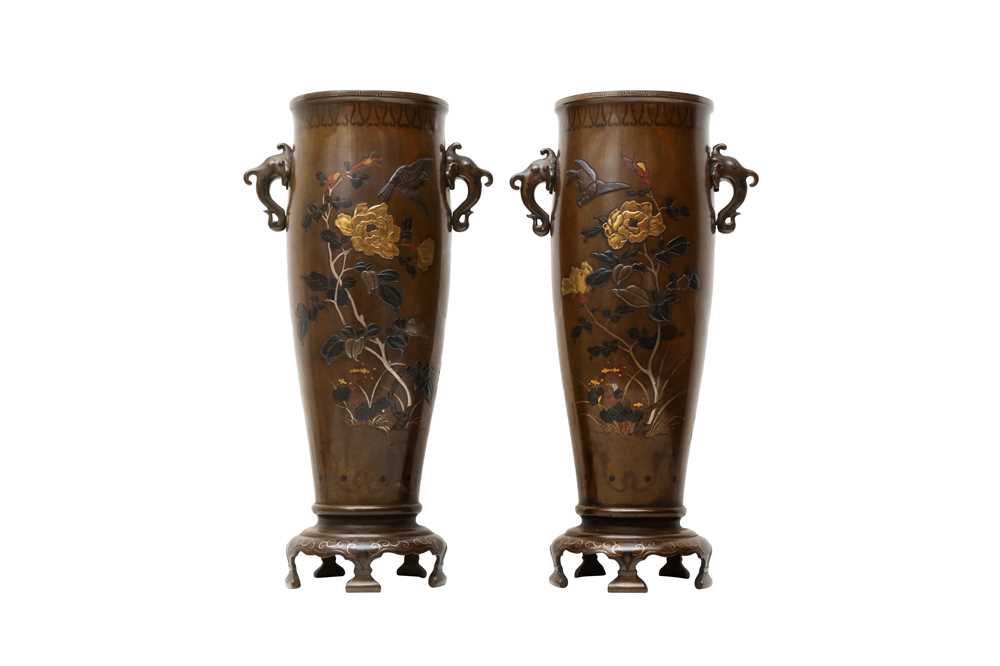 Lot 267 - A PAIR OF JAPANESE METAL-INLAID BRONZE VASES