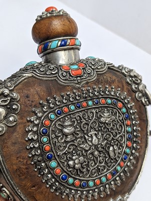 Lot 349 - λ A MONGOLIAN BURLWOOD 'EIGHT BUDDHIST SYMBOLS' FLASK