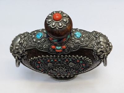 Lot 349 - λ A MONGOLIAN BURLWOOD 'EIGHT BUDDHIST SYMBOLS' FLASK