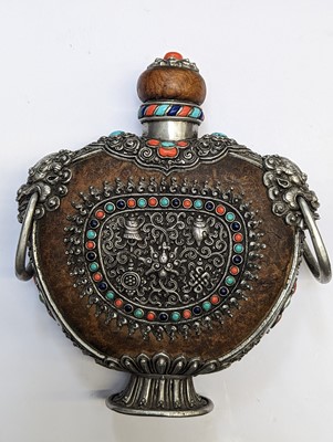 Lot 349 - λ A MONGOLIAN BURLWOOD 'EIGHT BUDDHIST SYMBOLS' FLASK