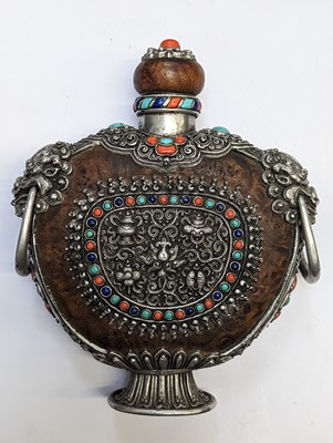 Lot 349 - λ A MONGOLIAN BURLWOOD 'EIGHT BUDDHIST SYMBOLS' FLASK