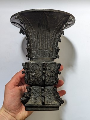 Lot 64 - A CHINESE BRONZE ARCHAISTIC VASE, GU