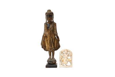 Lot 793 - A BURMESE LACQUERED FIGURE OF BUDDHA AND AN ALABASTER CARVING