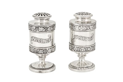 Lot 80 - An early 19th century Indian colonial unmarked salt caster, probably Madras circa 1820, together with a George III sterling silver pepper caster, London 1816 by Rebecca Emes and Edward Barnard