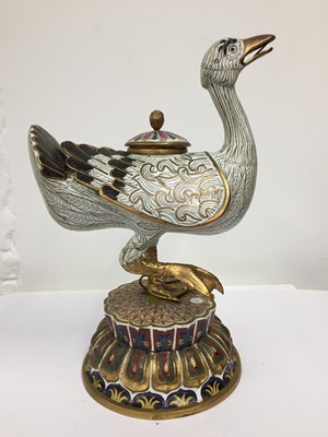 Lot 703 - A PAIR OF CHINESE CLOISONNÉ 'DUCK' INCENSE BURNERS AND COVERS
