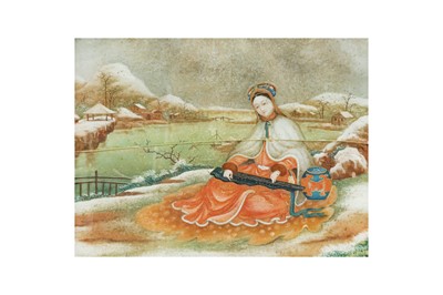 Lot 143 - A CHINESE REVERSE GLASS PAINTING OF A LADY PLAYING THE GUQIN