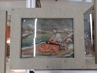 Lot 728 - A CHINESE REVERSE GLASS PAINTING OF A LADY PLAYING THE GUQIN