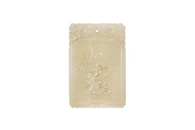 Lot 847 - A CHINESE CELADON JADE 'BOY AND LOTUS' PLAQUE