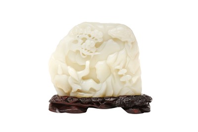 Lot 850 - A CHINESE CELADON JADE 'DRINKING SCHOLAR' BOULDER CARVING