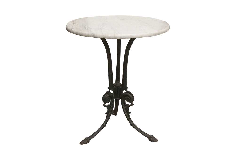 Lot 336 - A VICTORIAN BLACK CAST IRON PUB TABLE WITH ORIGINAL WHITE CIRCULAR MARBLE TOP