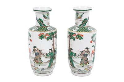 Lot 288 - A PAIR OF CHINESE FAMILLE-VERTE ROULEAU VASES, 20TH CENTURY