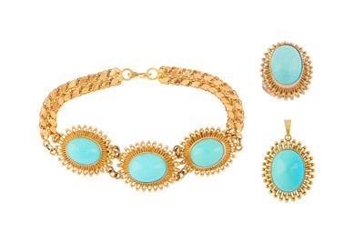 Lot 45 - A TURQUOISE BRACELET, PENDANT AND RING SUITE