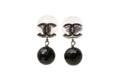 Lot 631 - Chanel Black Crystal CC Drop Pierced Earrings
