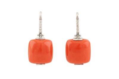 Lot 125 - λ A PAIR OF CORAL AND DIAMOND EARRINGS