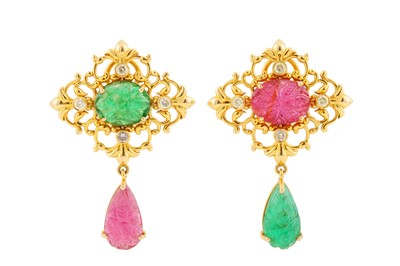 Lot 159 - A PAIR OF EMERALD, TOURMALINE AND DIAMOND PENDENT EARRINGS