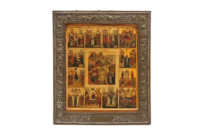 Lot 424 - A 19TH CENTURY RUSSIAN ICON WITH BASMA
