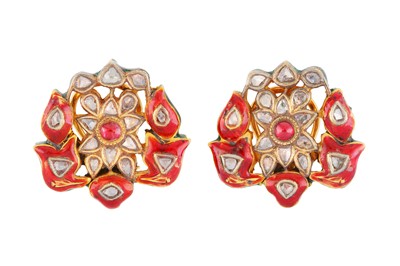 Lot 489 - A PAIR OF ENAMELLED DIAMOND AND RUBY-SET EARRINGS