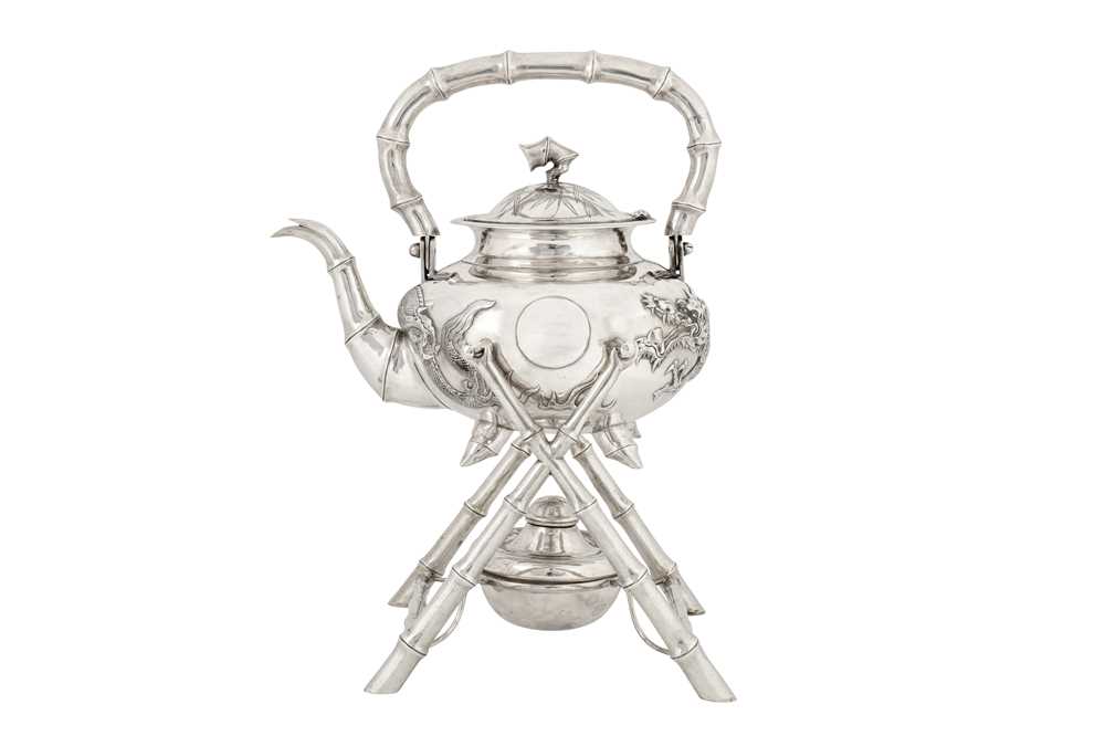 Lot 158 - An early 20th century Chinese Export silver kettle on stand, Shanghai circa 1920 by Jing Quan, retailed by Wing Nam of Hong Kong