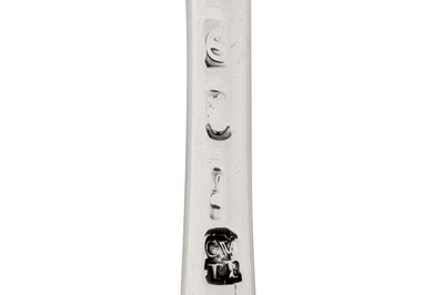 Lot 225 - A very rare pair of George III sterling silver tablespoons, London 1771 by Christopher Fly Woods and Thomas Filkin