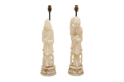 Lot 361 - A PAIR OF 20TH CENTURY FIGURATIVE ALABASTER LAMP BASES