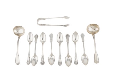 Lot 128 - A set of Victorian Scottish sterling silver teaspoons and sugar tongs, Glasgow 1863 by Robert Scott