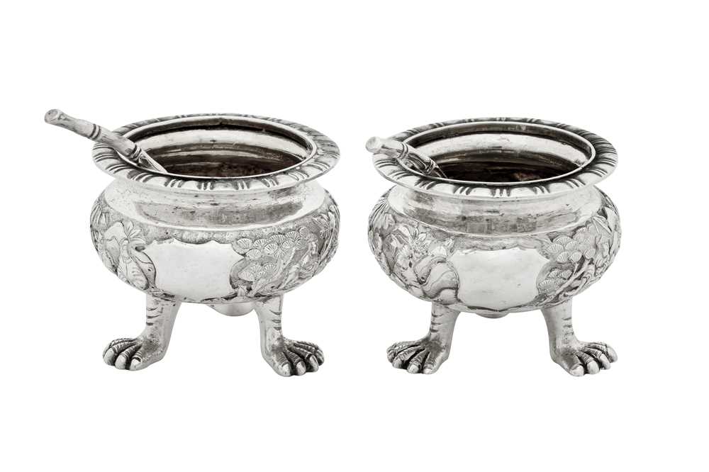 Lot 147 - A pair of late 19th / early 20th century Chinese Export silver salts, Canton circa 1900 by Zhao Ji, retailed by Wang Hing