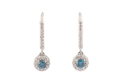 Lot 15 - A PAIR OF BLUE DIAMOND AND DIAMOND PENDENT EARRINGS