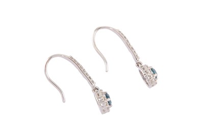 Lot 15 - A PAIR OF BLUE DIAMOND AND DIAMOND PENDENT EARRINGS