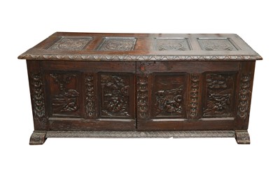 Lot 343 - AN 18TH CENTURY AND LATER CARVED OAK COFFER