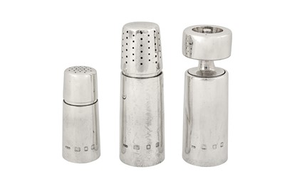Lot 256 - An Elizabeth II modernist sterling silver five-piece condiment set, London 1965/66 by Gerald Benney (1930-2008)