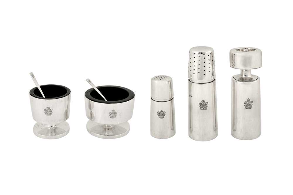Lot 256 - An Elizabeth II modernist sterling silver five-piece condiment set, London 1965/66 by Gerald Benney (1930-2008)
