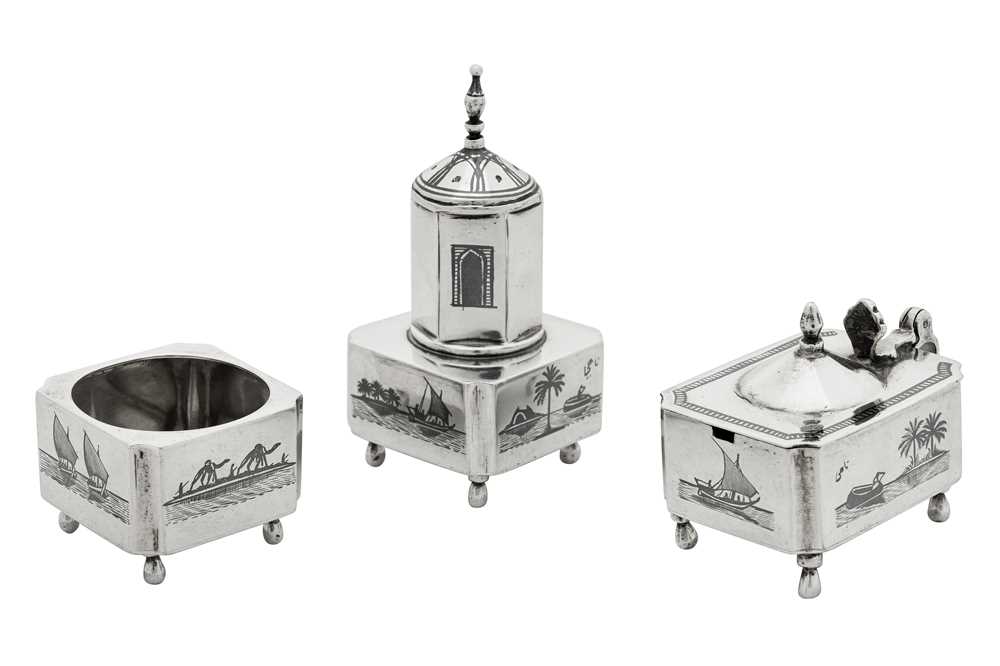 Lot 178 - An early 20th century Iraqi silver and niello three-piece cruet set, Omara circa 1930 signed Nahy