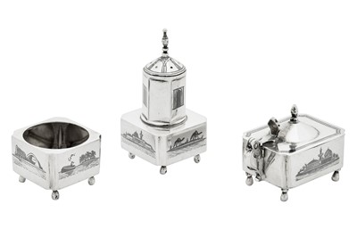 Lot 178 - An early 20th century Iraqi silver and niello three-piece cruet set, Omara circa 1930 signed Nahy