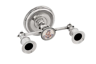 Lot 185 - A pair of Alexander III late 19th century Russian 84 zolotnik silver and enamel twin candlesticks, Saint Petersburg circa 1886 by Friedrich Emil Henrichsen