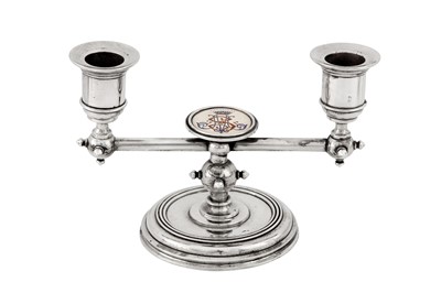Lot 185 - A pair of Alexander III late 19th century Russian 84 zolotnik silver and enamel twin candlesticks, Saint Petersburg circa 1886 by Friedrich Emil Henrichsen