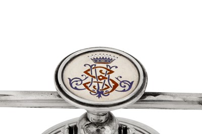 Lot 185 - A pair of Alexander III late 19th century Russian 84 zolotnik silver and enamel twin candlesticks, Saint Petersburg circa 1886 by Friedrich Emil Henrichsen