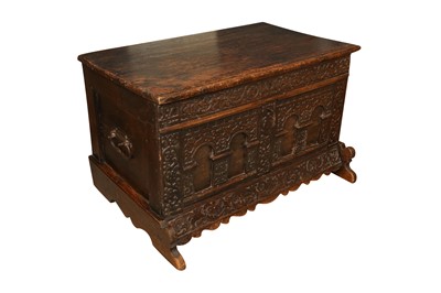 Lot 400 - A CARVED OAK COFFER CHEST, 18TH CENTURY AND LATER