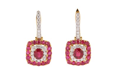 Lot 209 - A PAIR OF RUBY AND DIAMOND PENDENT EARRINGS